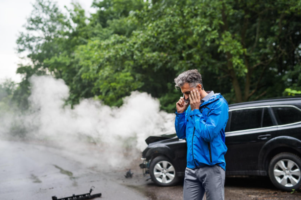 A man in a blue jacket makes a phone call while standing near a damaged car with smoke rising, illustrating the aftermath of a car accident.