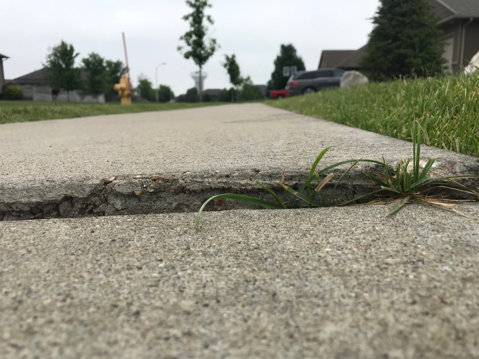 Close-up of a cracked and uneven concrete sidewalk in a residential neighborhood, with grass growing through the gap, creating a potential tripping hazard.