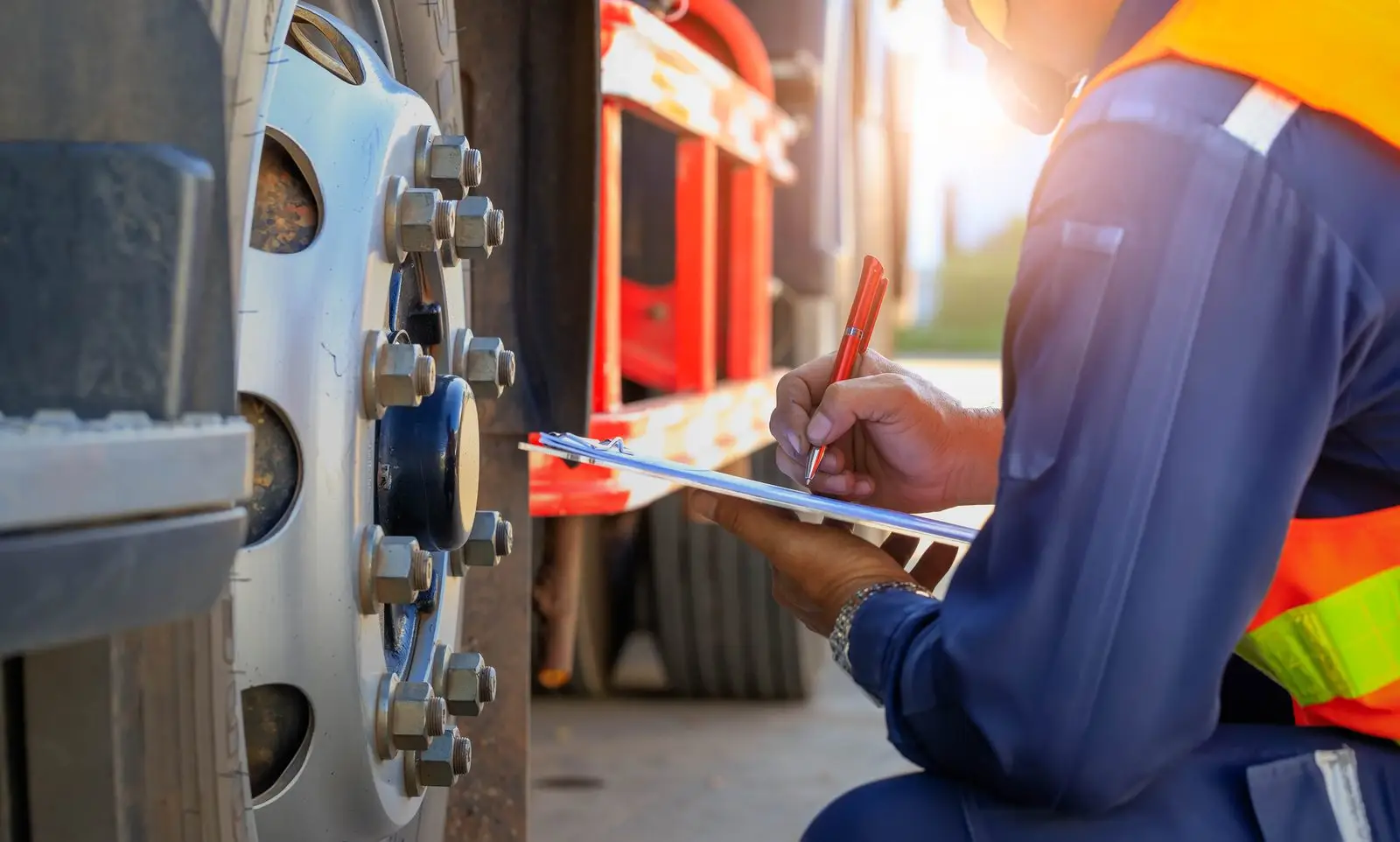 Inspector with a clipboard checking the wheel and tire of a commercial truck during a safety inspection